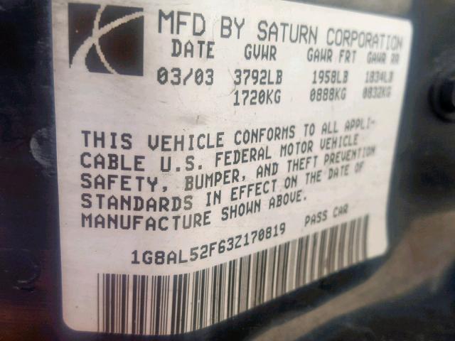 1G8AL52F63Z170819 - 2003 SATURN ION LEVEL SILVER photo 10