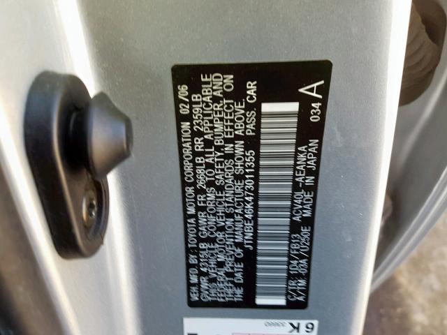 JTNBE46K473011355 - 2007 TOYOTA CAMRY NEW SILVER photo 10