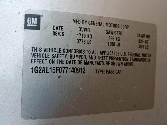 1G2AL15F077140912 - 2007 PONTIAC G5 SILVER photo 10