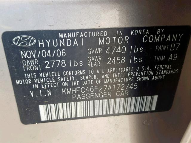 KMHFC46F27A172745 - 2007 HYUNDAI AZERA SE TAN photo 10