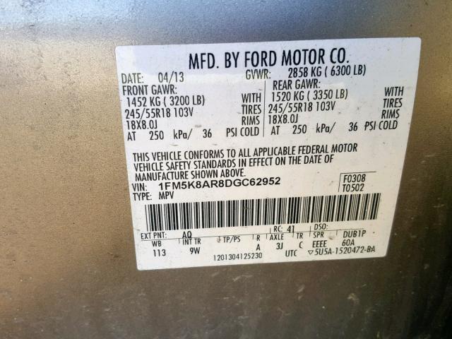 1FM5K8AR8DGC62952 - 2013 FORD EXPLORER P BEIGE photo 10