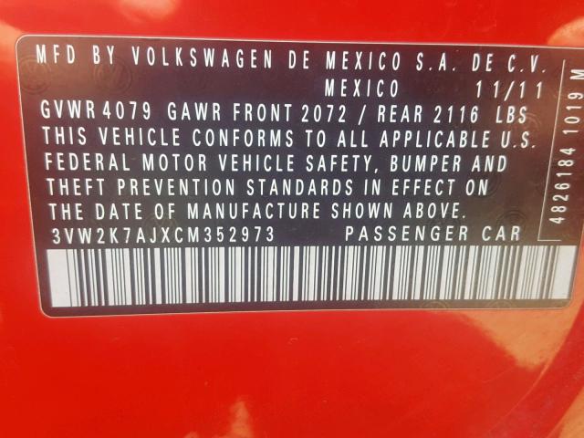 3VW2K7AJXCM352973 - 2012 VOLKSWAGEN JETTA BASE RED photo 10