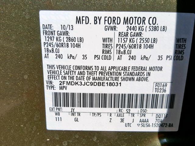 2FMDK3JC9DBE18031 - 2013 FORD EDGE SEL GREEN photo 10