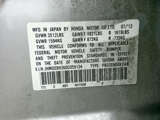 JHMGE8H36DC059134 - 2013 HONDA FIT SILVER photo 10