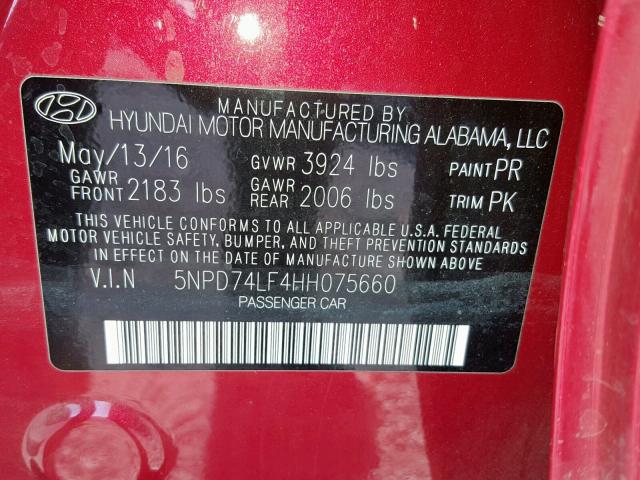 5NPD74LF4HH075660 - 2017 HYUNDAI ELANTRA SE RED photo 10