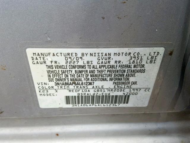 3N1AB6AP6AL612367 - 2010 NISSAN SENTRA 2.0 SILVER photo 10