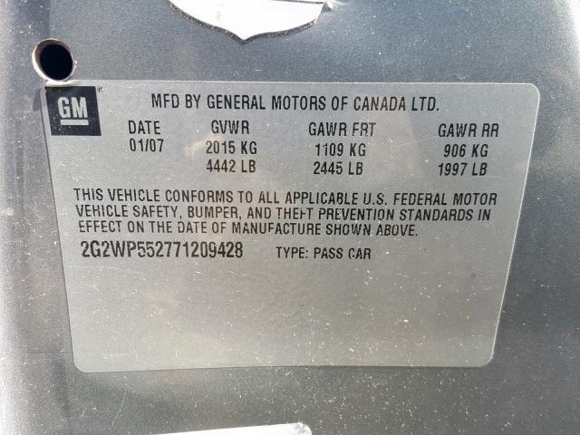 2G2WP552771209428 - 2007 PONTIAC GRAND PRIX GRAY photo 10