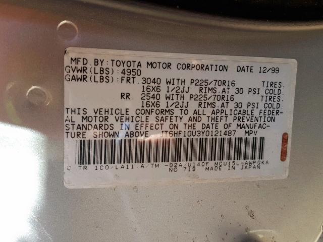 JT6HF10U3Y0121487 - 2000 LEXUS RX 300 SILVER photo 10