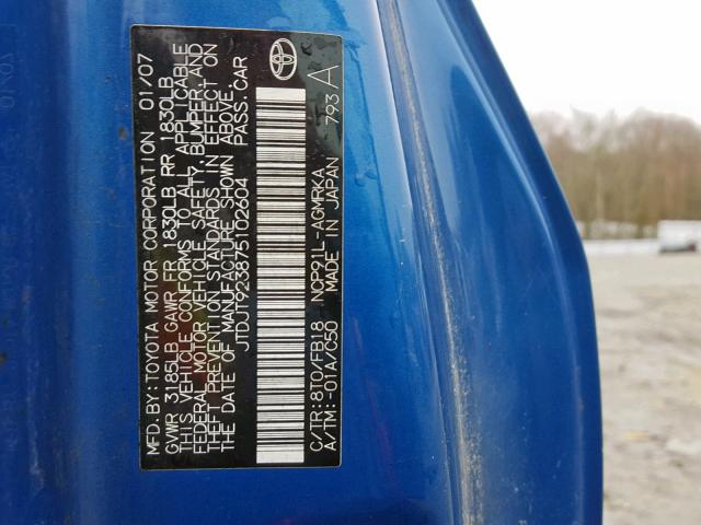 JTDJT923875102604 - 2007 TOYOTA YARIS BLUE photo 10