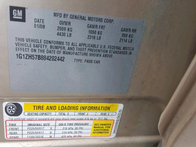 1G1ZH57B884202442 - 2008 CHEVROLET MALIBU 1LT GOLD photo 10