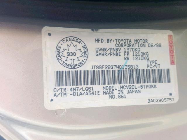 JT8BF28G7W0135813 - 1998 LEXUS ES 300 SILVER photo 10