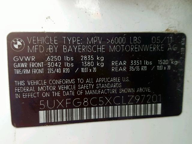 5UXFG8C5XCLZ97201 - 2012 BMW X6 XDRIVE5 თეთრი ფოტო 10