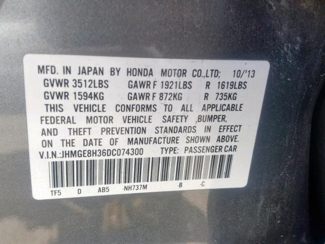 JHMGE8H36DC074300 - 2013 HONDA FIT GRAY photo 10