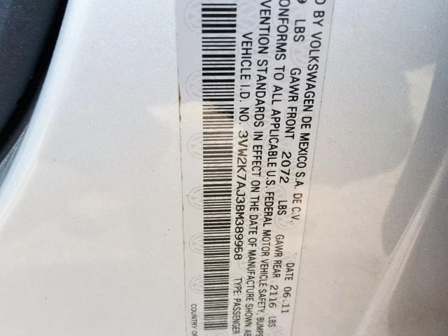 3VW2K7AJ3BM389958 - 2011 VOLKSWAGEN JETTA BASE SILVER photo 10