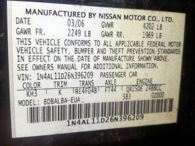 1N4AL11D26N396209 - 2006 NISSAN ALTIMA S BLACK photo 10