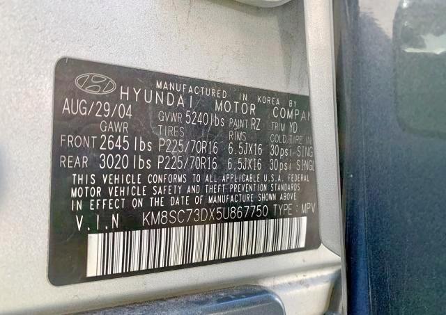 KM8SC73DX5U867750 - 2005 HYUNDAI SANTA FE GLS  photo 10