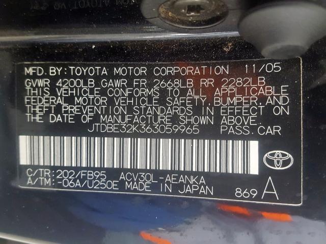 JTDBE32K363059965 - 2006 TOYOTA CAMRY LE  photo 10