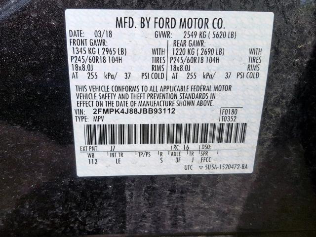 2FMPK4J88JBB93112 - 2018 FORD EDGE SEL CHARCOAL photo 10