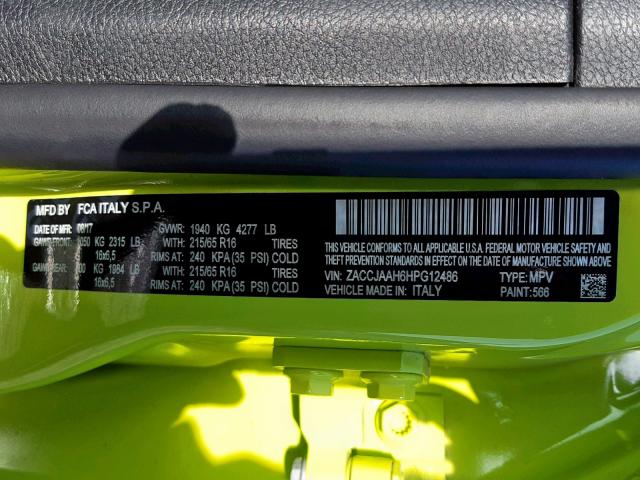 ZACCJAAH6HPG12486 - 2017 JEEP RENEGADE S GREEN photo 10