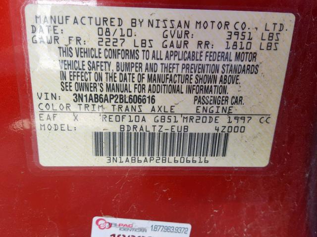 3N1AB6AP2BL606616 - 2011 NISSAN SENTRA 2.0 RED photo 10