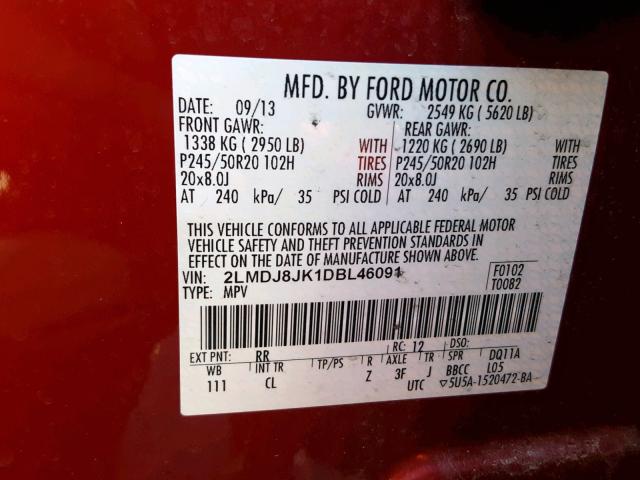 2LMDJ8JK1DBL46091 - 2013 LINCOLN MKX RED photo 10