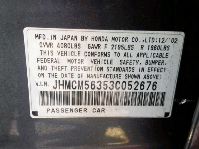 JHMCM56353C052676 - 2003 HONDA ACCORD LX BLACK photo 10