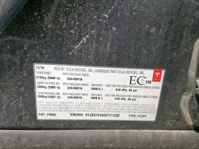 5YJSA1E45GF171202 - 2016 TESLA MODEL S ذهبي صورة 10