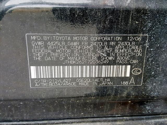 JTHBK262172036249 - 2007 LEXUS IS 250 BLACK photo 10