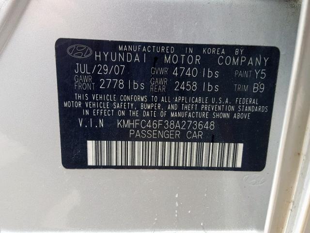 KMHFC46F38A273648 - 2008 HYUNDAI AZERA SE SILVER photo 10