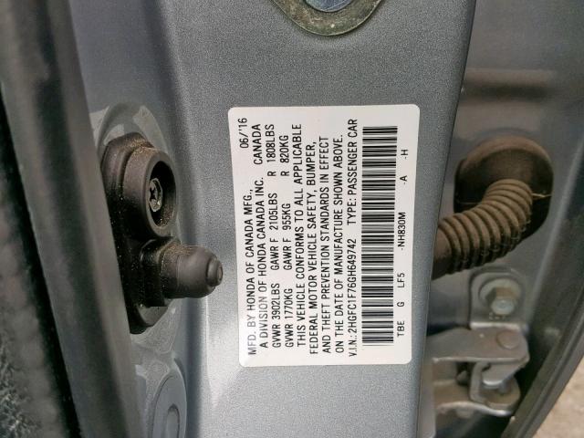 2HGFC1F76GH649742 - 2016 HONDA CIVIC EXL 银色 照片 10