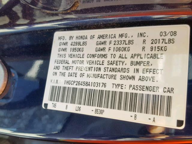 1HGCP26458A103176 - 2008 HONDA ACCORD LXP BLUE photo 10