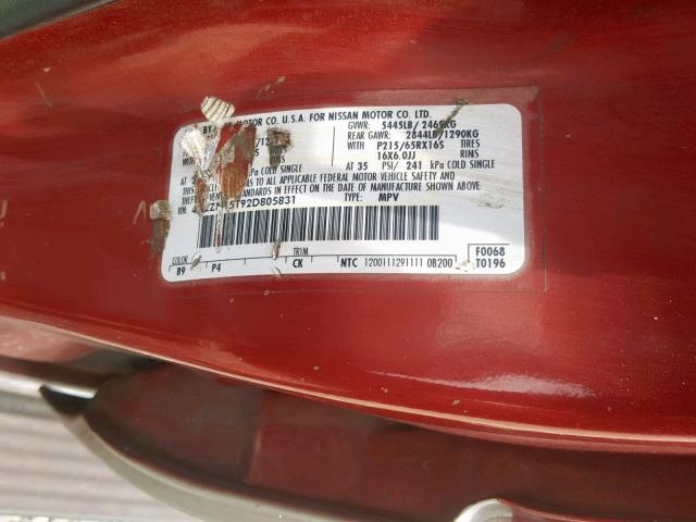 4N2ZN15T92D805831 - 2002 NISSAN QUEST GXE RED photo 10