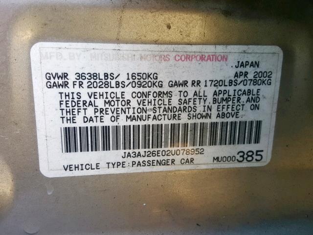 JA3AJ26E02U078952 - 2002 MITSUBISHI LANCER ES SILVER photo 10