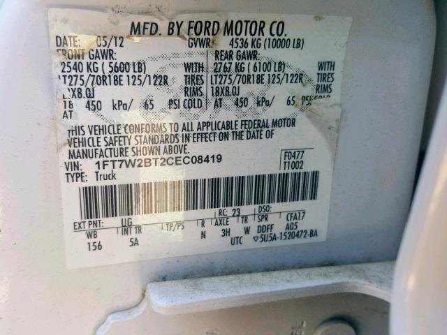 1FT7W2BT2CEC08419 - 2012 FORD F250 SUPER WHITE photo 10