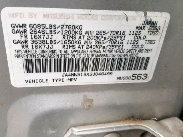 JA4NW51SX3J048499 - 2003 MITSUBISHI MONTERO LI SILVER photo 10