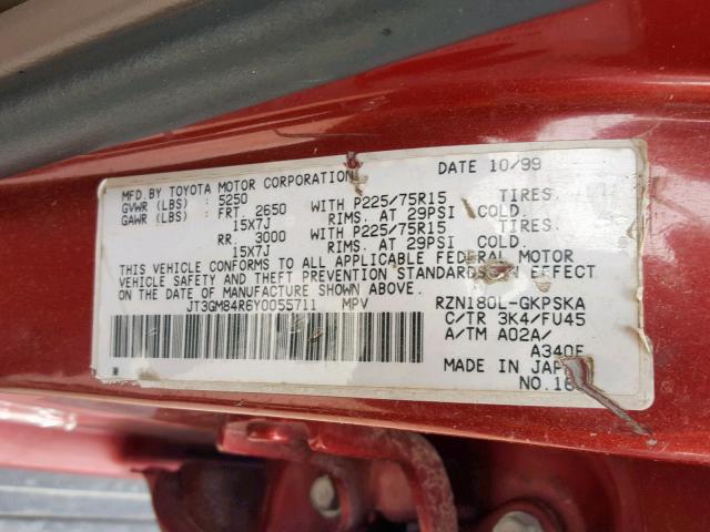 JT3GM84R6Y0055711 - 2000 TOYOTA 4RUNNER RED photo 10