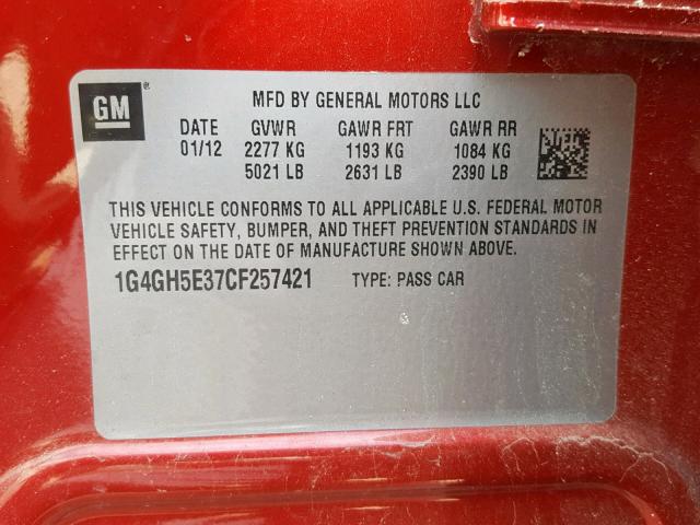 1G4GH5E37CF257421 - 2012 BUICK LACROSSE P RED photo 10