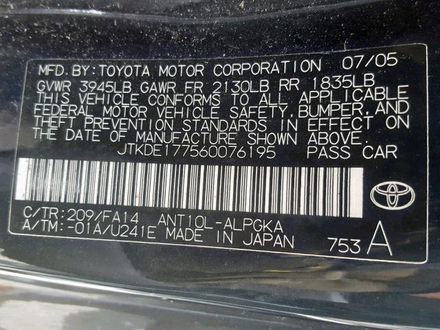 JTKDE177560076195 - 2006 TOYOTA SCION TC შავი ფოტო 10