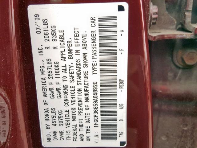 1HGCP36859A048920 - 2009 HONDA ACCORD EXL BURGUNDY photo 10