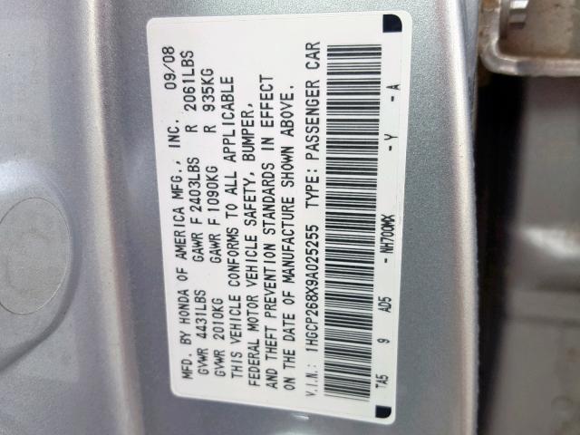 1HGCP268X9A025255 - 2009 HONDA ACCORD EXL SILVER photo 10