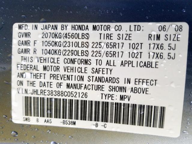 JHLRE38388C052126 - 2008 HONDA CR-V LX  photo 10