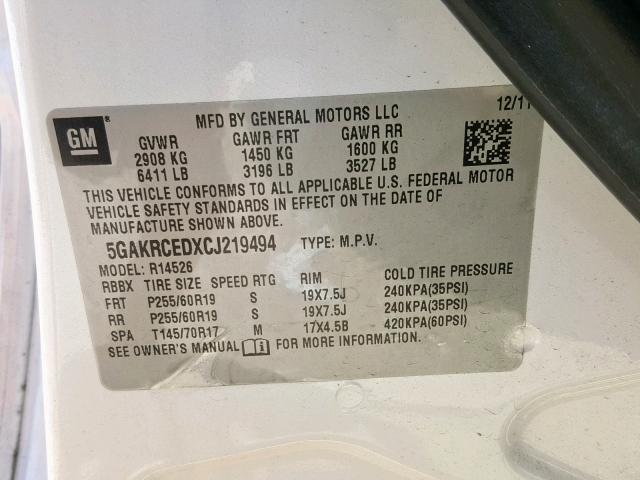 5GAKRCEDXCJ219494 - 2012 BUICK ENCLAVE CREAM photo 10