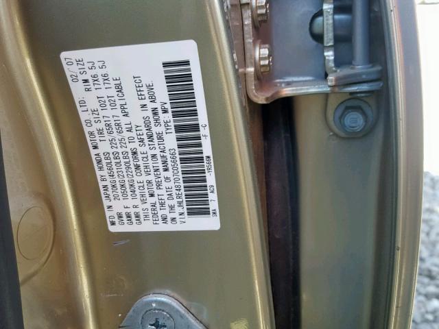 JHLRE48707C056663 - 2007 HONDA CR-V EXL GOLD photo 10