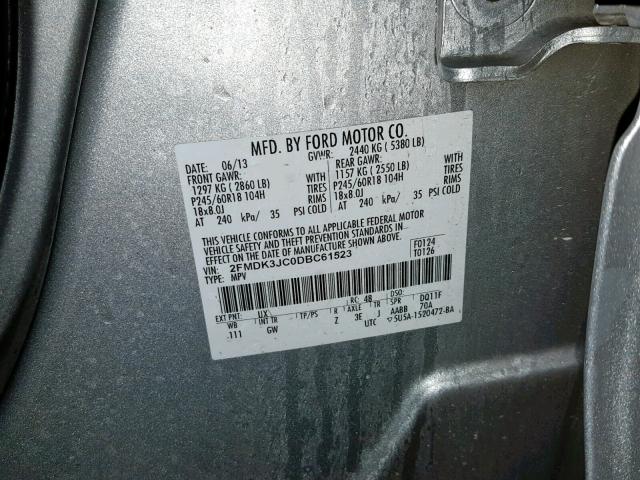 2FMDK3JC0DBC61523 - 2013 FORD EDGE SEL SILVER photo 10