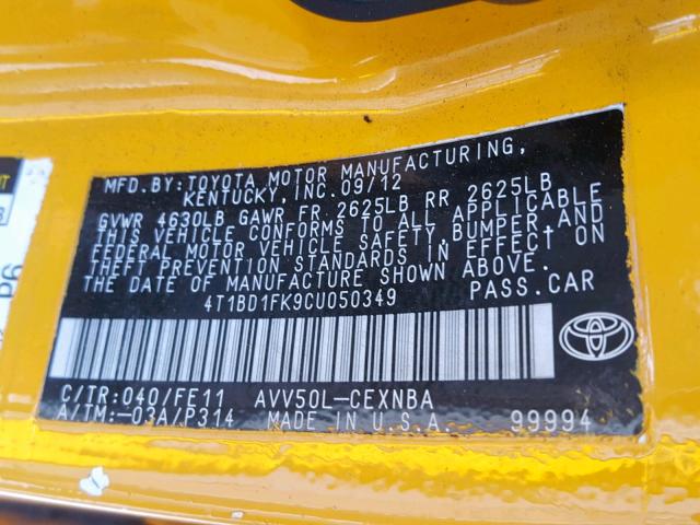 4T1BD1FK9CU050349 - 2012 TOYOTA CAMRY HYBR YELLOW photo 10