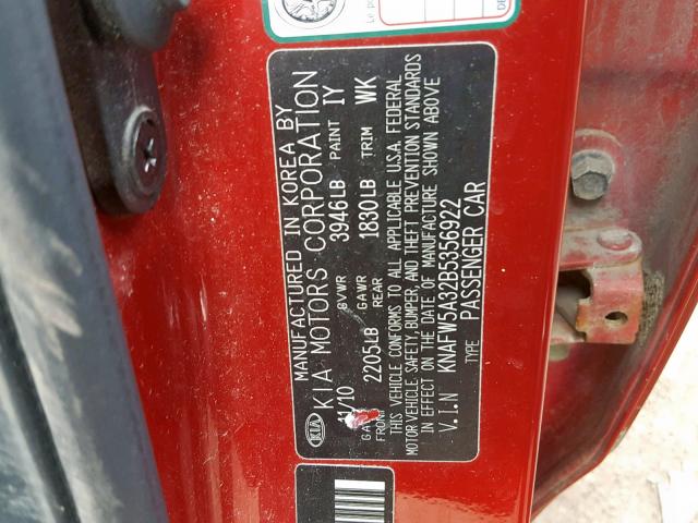 KNAFW5A32B5356922 - 2011 KIA FORTE SX RED photo 10