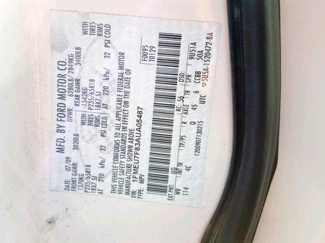 1FMEU7F83AUA05487 - 2010 FORD EXPLORER L WHITE photo 10