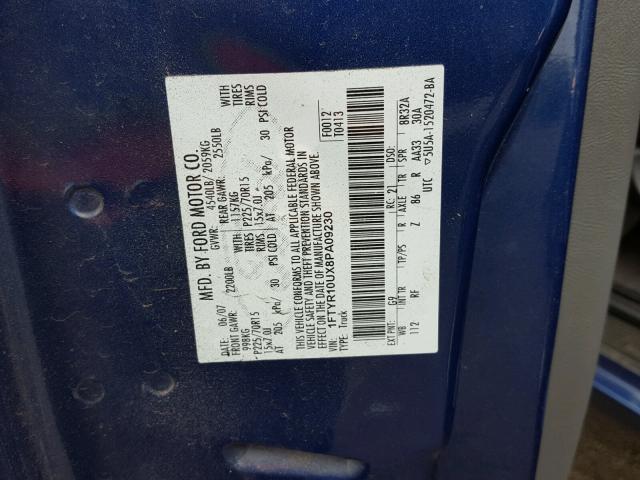 1FTYR10UX8PA09230 - 2008 FORD RANGER BLUE photo 10