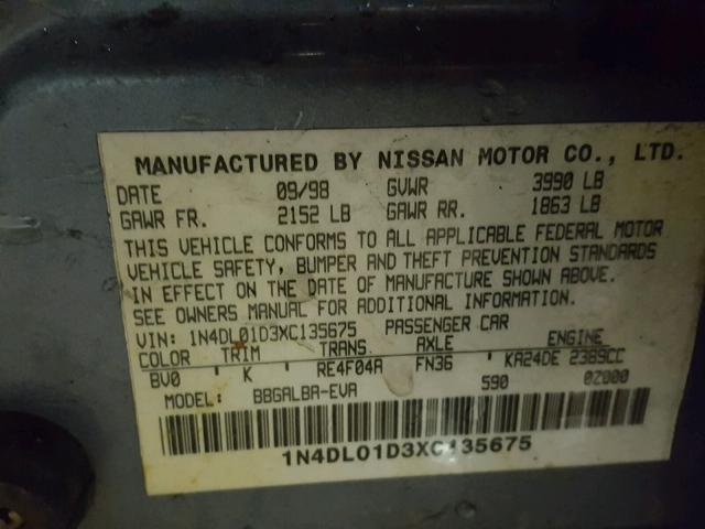 1N4DL01D3XC135675 - 1999 NISSAN ALTIMA XE BLUE photo 10