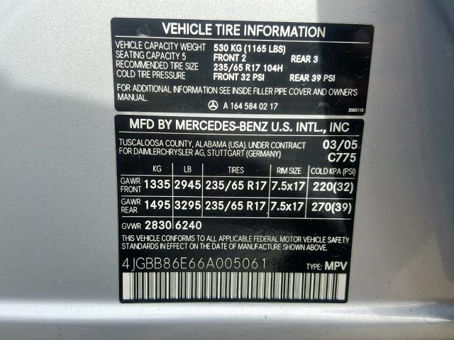 4JGBB86E66A005061 - 2006 MERCEDES-BENZ ML 350 SILVER photo 10